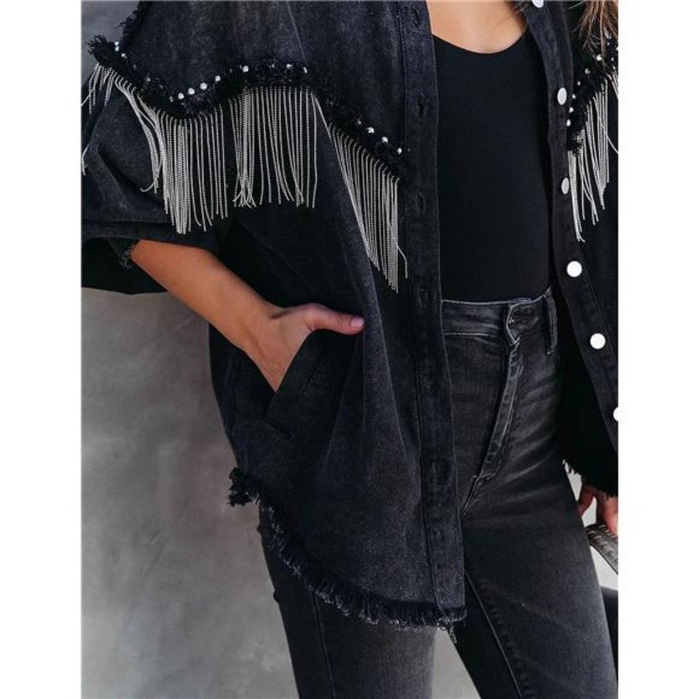 Black Denim Jacket Fringe Distressed Tassel Studded Jean Jacket Shacket Top - Picture 3 of 8